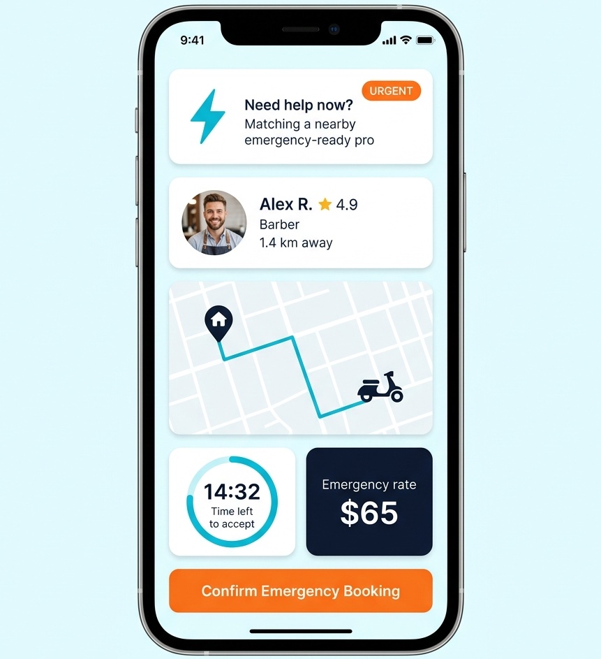 Emergency service screen showing nearby matching, response countdown and confirm booking
